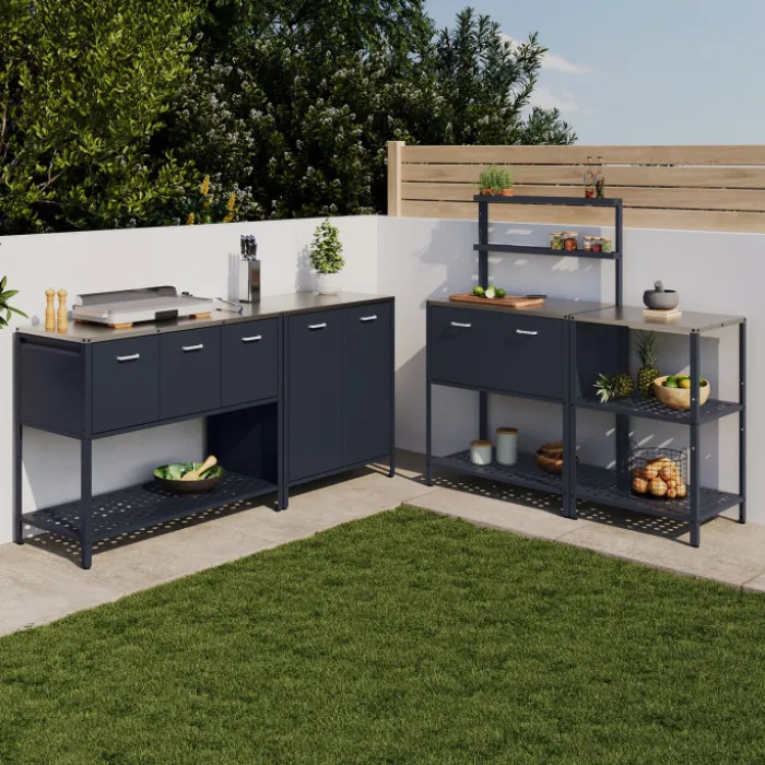 Meuble de cuisine extérieure 3 portes avec 1 étagère en acier gris anthracite