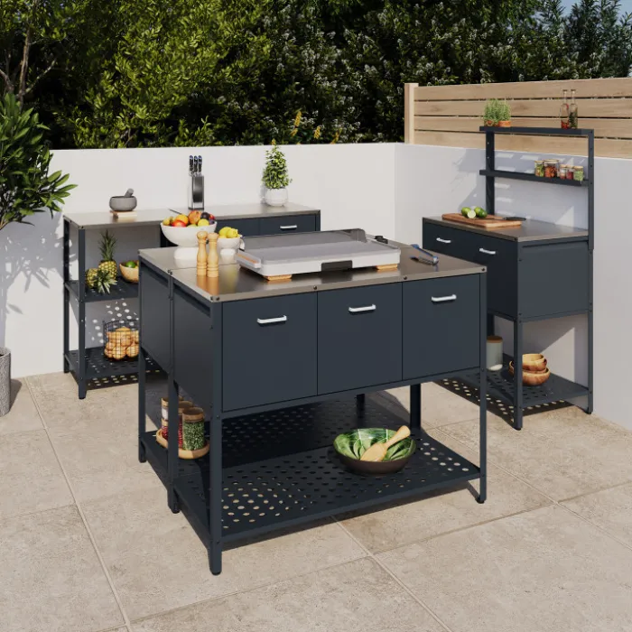 Meuble de cuisine extérieure 3 portes avec 1 étagère en acier gris anthracite