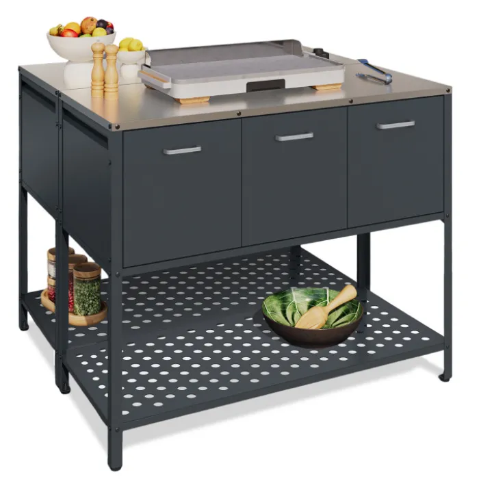 Meuble de cuisine extérieure 3 portes avec 1 étagère en acier gris anthracite