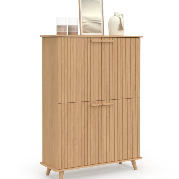 Meuble de rangement 4 portes effet lattes tasseau bois coloris chêne