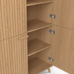 Meuble de rangement 4 portes effet lattes tasseau bois coloris chêne