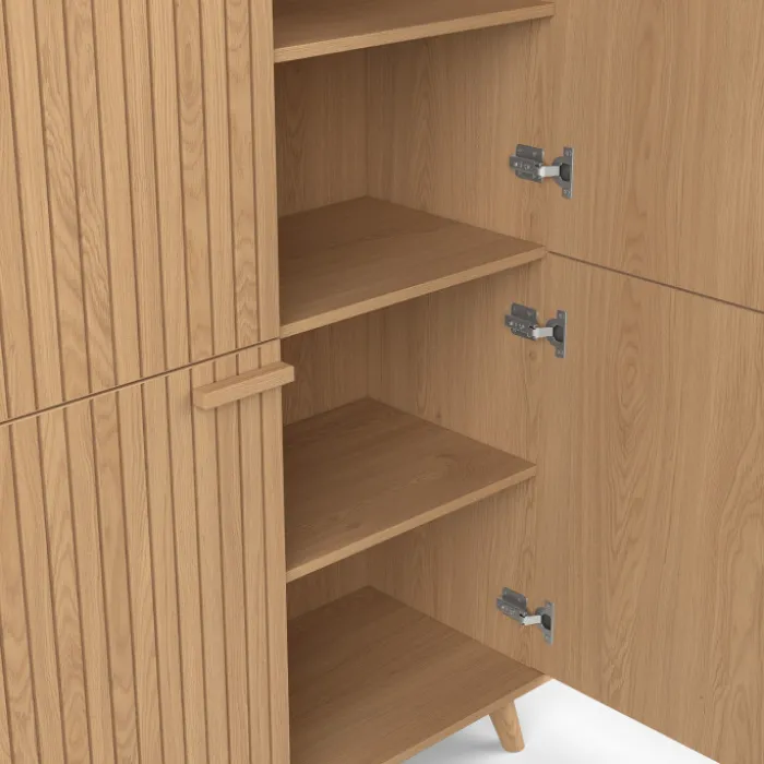 Meuble de rangement 4 portes effet lattes tasseau bois coloris chêne