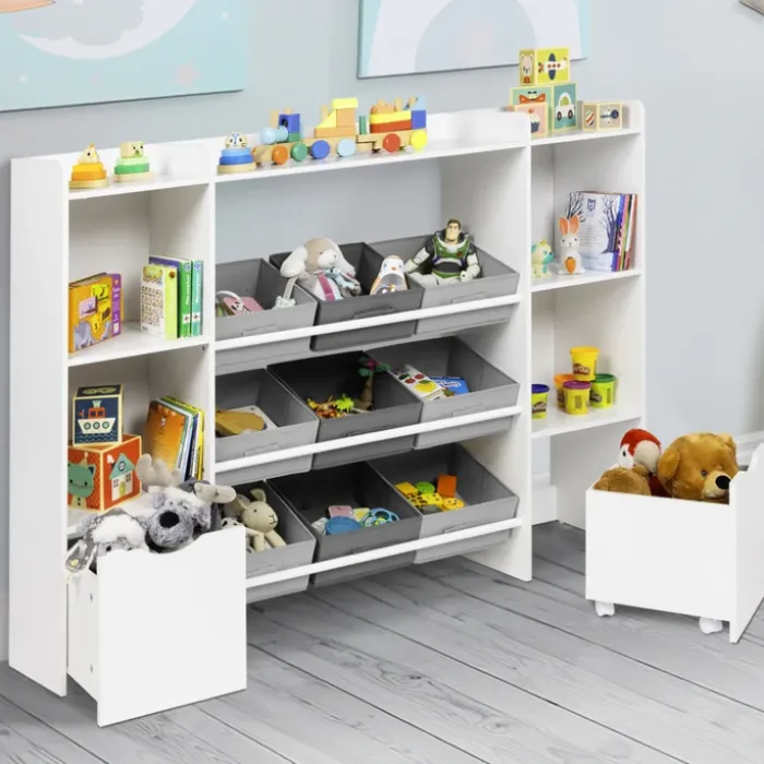 Meuble de rangement avec étagères, bacs en tissu et cubes pour enfants