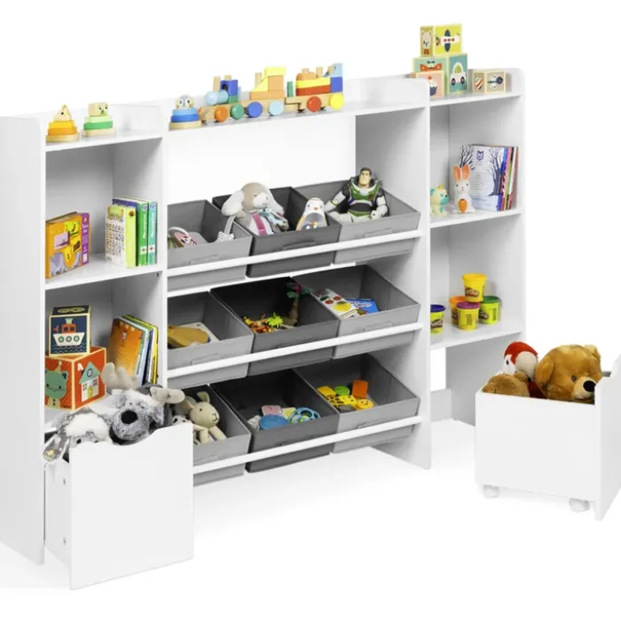 Meuble de rangement avec étagères, bacs en tissu et cubes pour enfants