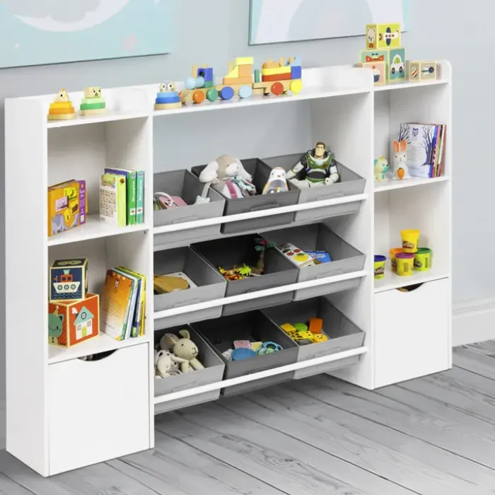 Meuble de rangement avec étagères, bacs en tissu et cubes pour enfants