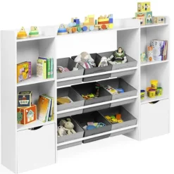 Meuble de rangement avec étagères, bacs en tissu et cubes pour enfants