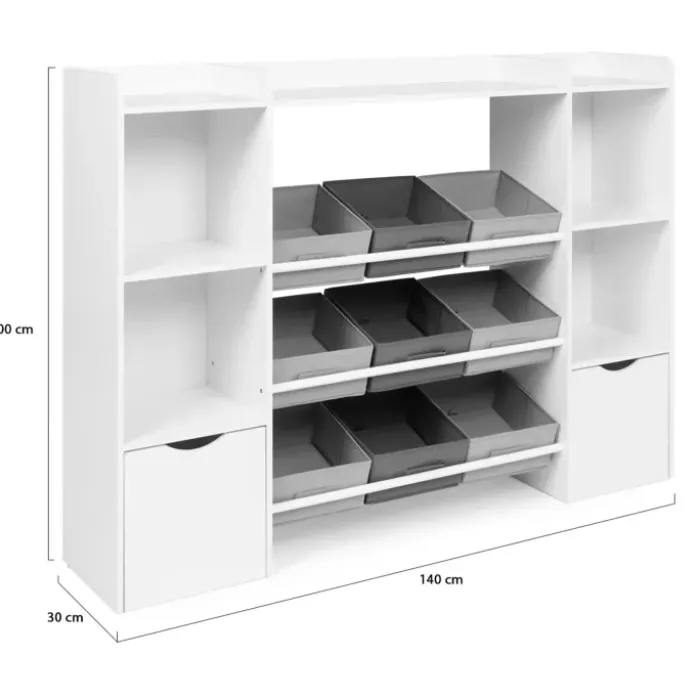 Meuble de rangement avec étagères, bacs en tissu et cubes pour enfants