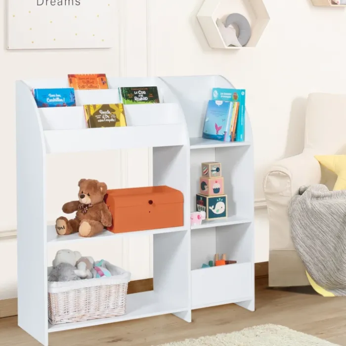 Meuble de rangement blanc pour jouets avec étagère bibliothèque