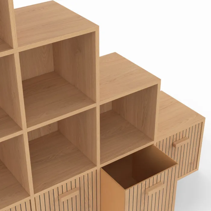 Meuble de rangement en escalier 4 niveaux effet lattes avec 4 tiroirs en tissu
