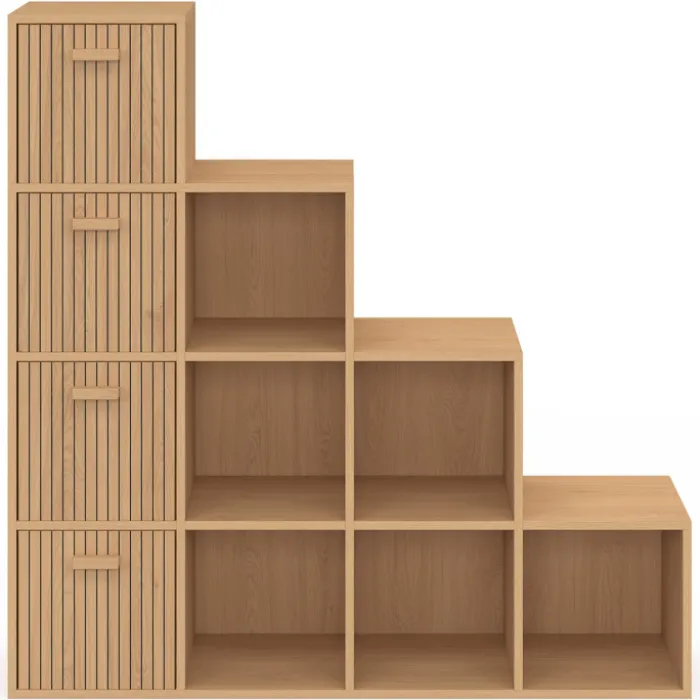 Meuble de rangement en escalier 4 niveaux effet lattes avec 4 tiroirs en tissu