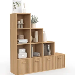 Meuble de rangement en escalier 4 niveaux effet lattes avec 4 tiroirs en tissu