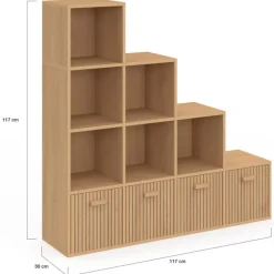 Meuble de rangement en escalier 4 niveaux effet lattes avec 4 tiroirs en tissu