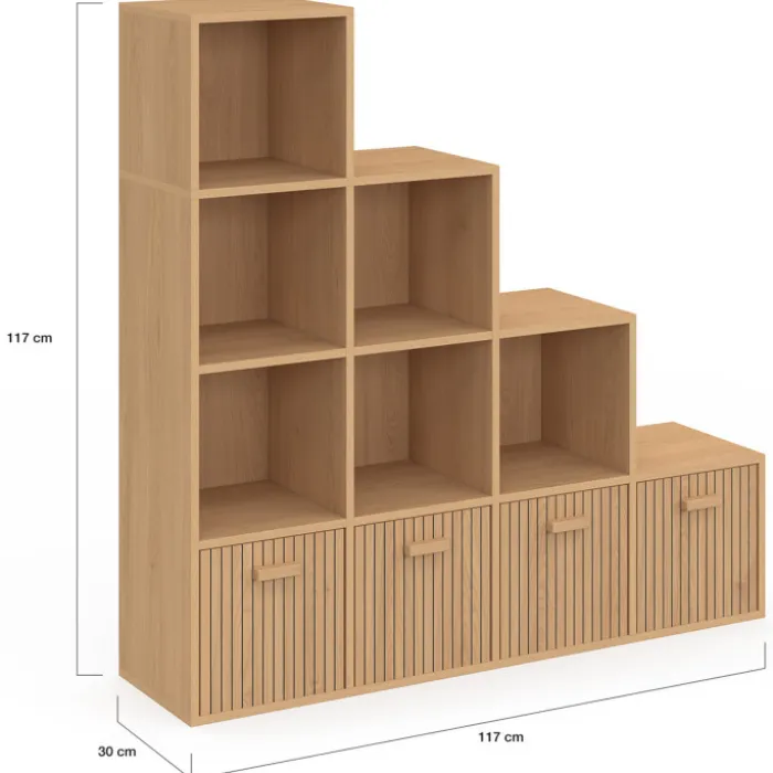 Meuble de rangement en escalier 4 niveaux effet lattes avec 4 tiroirs en tissu