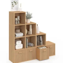 Meuble de rangement en escalier 4 niveaux effet lattes avec 4 tiroirs en tissu