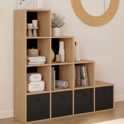 Meuble de rangement en escalier 4 niveaux bois et noir avec 4 tiroirs en tissu
