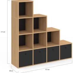 Meuble de rangement en escalier 4 niveaux bois et noir avec 4 tiroirs en tissu