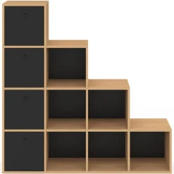 Meuble de rangement en escalier 4 niveaux bois et noir avec 4 tiroirs en tissu