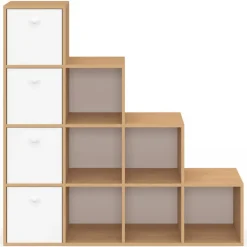 Meuble de rangement en escalier 4 niveaux bois et blanc avec 4 tiroirs en tissu