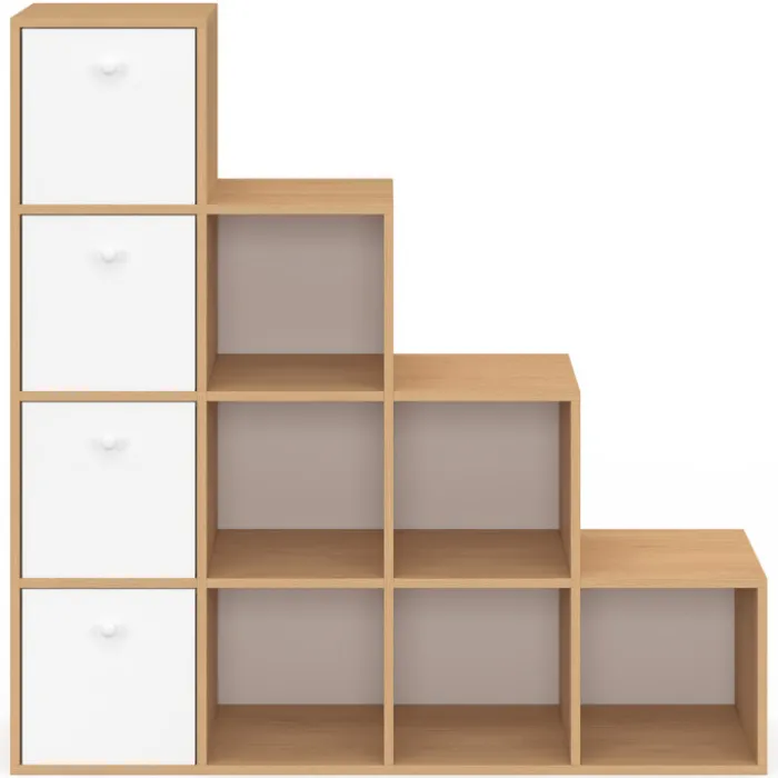 Meuble de rangement en escalier 4 niveaux bois et blanc avec 4 tiroirs en tissu