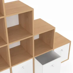 Meuble de rangement en escalier 4 niveaux bois et blanc avec 4 tiroirs en tissu