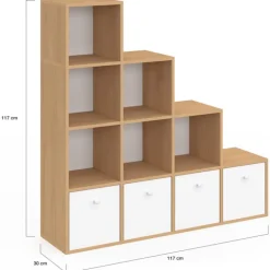 Meuble de rangement en escalier 4 niveaux bois et blanc avec 4 tiroirs en tissu