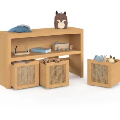 Meuble de rangement enfant bois et cannage 3 tiroirs cubes sur roulettes
