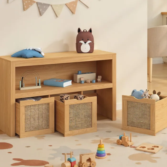 Meuble de rangement enfant bois et cannage 3 tiroirs cubes sur roulettes