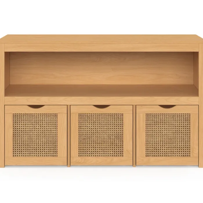 Meuble de rangement enfant bois et cannage 3 tiroirs cubes sur roulettes