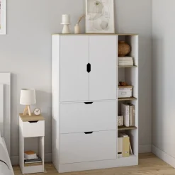 Meuble de rangement L. 80 cm pour bureau, chambre, entrée avec portes et tiroirs blanc et bois