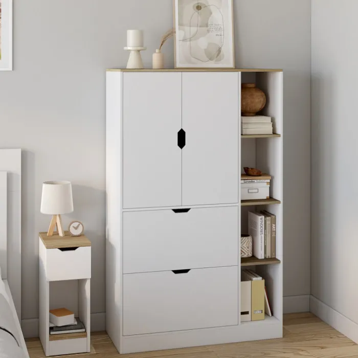 Meuble de rangement L. 80 cm pour bureau, chambre, entrée avec portes et tiroirs blanc et bois