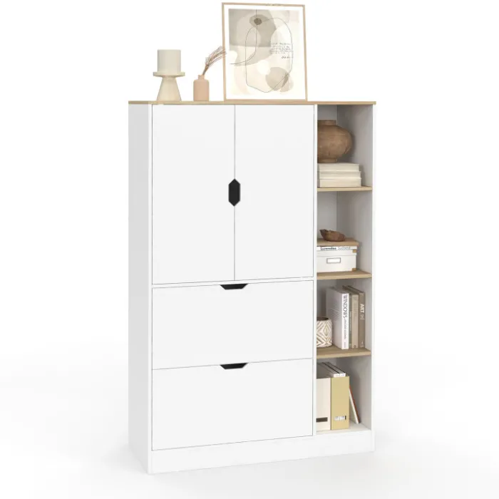 Meuble de rangement L. 80 cm pour bureau, chambre, entrée avec portes et tiroirs blanc et bois