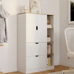 Meuble de rangement L. 80 cm pour bureau, chambre, entrée avec portes et tiroirs blanc et bois