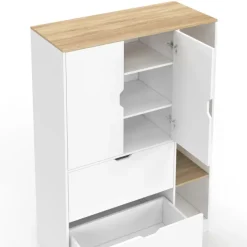 Meuble de rangement L. 80 cm pour bureau, chambre, entrée avec portes et tiroirs blanc et bois