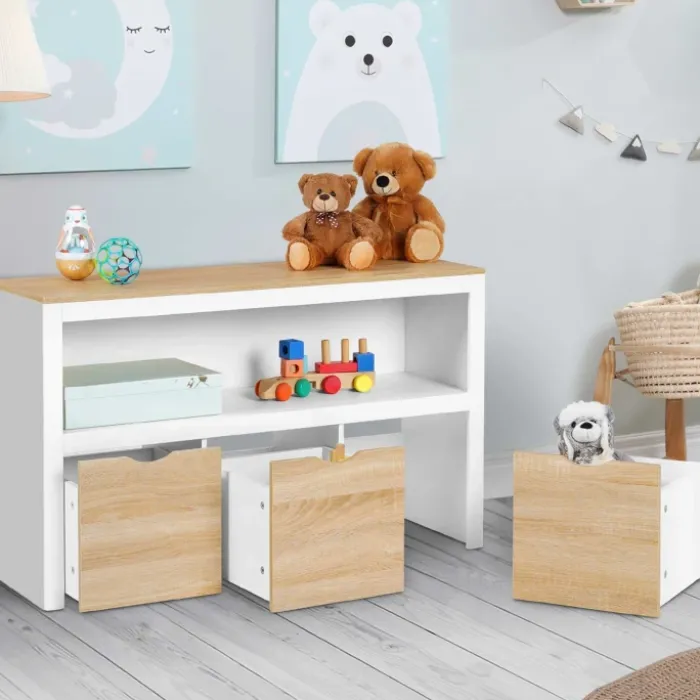 Meuble de rangement pour enfant 3 tiroirs blanc et hêtre