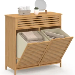 Meuble de rangement salle de bain bambou 2 paniers à linge amovibles 1 tiroir tissu écru