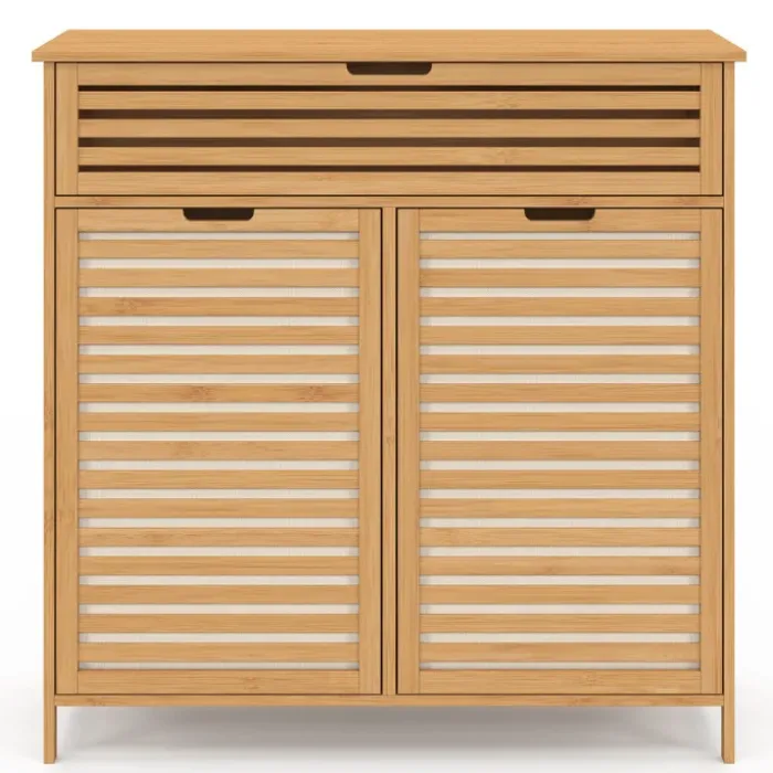 Meuble de rangement salle de bain bambou 2 paniers à linge amovibles 1 tiroir tissu écru