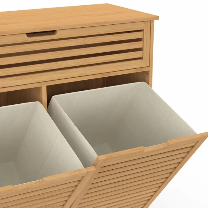 Meuble de rangement salle de bain bambou 2 paniers à linge amovibles 1 tiroir tissu écru