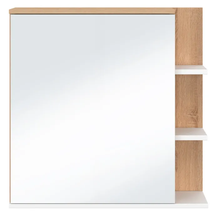 Meuble de rangement suspendu avec miroir et étagères pour salle de bain façon hêtre et blanc