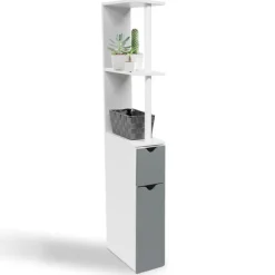 Meuble de toilette blanc et gris avec étagères