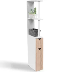 Meuble de toilette blanc et hêtre avec étagères