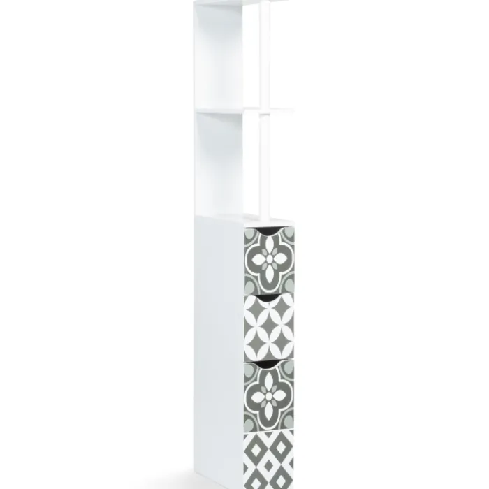 Meuble de toilette blanc et gris motif carreaux de ciment 3 portes