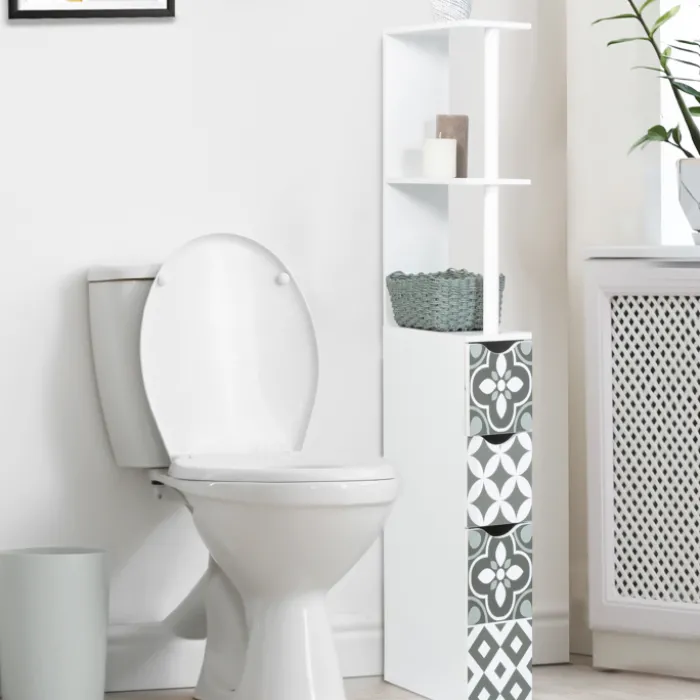 Meuble de toilette blanc et gris motif carreaux de ciment 3 portes