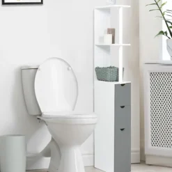 Meuble de toilettes étagère bois 3 portes blanc et gris