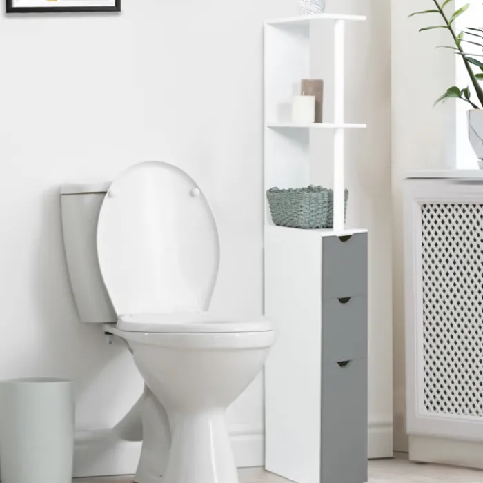 Meuble de toilettes étagère bois 3 portes blanc et gris