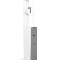 Meuble de toilettes étagère bois 3 portes blanc et gris