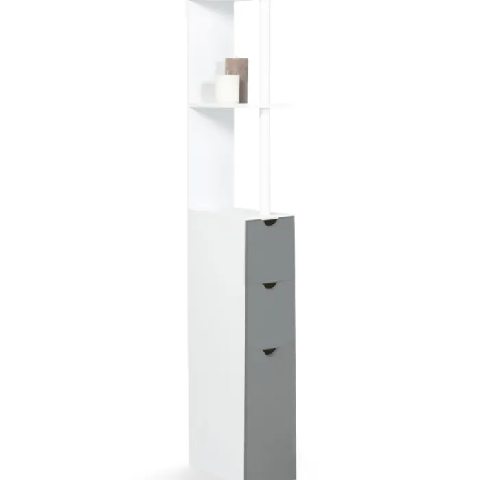 Meuble de toilettes étagère bois 3 portes blanc et gris