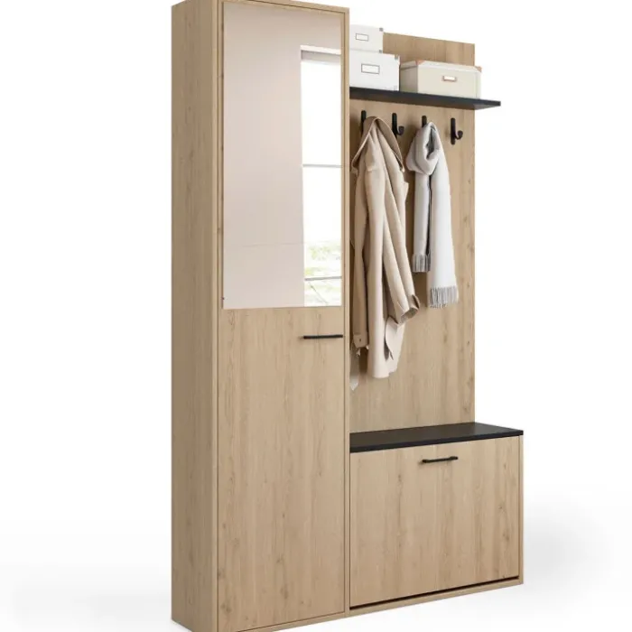 Meuble d’entrée vestiaire effet bois et noir avec banc rangement à chaussures, miroir 1 porte et étagères