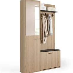 Meuble d’entrée vestiaire effet bois et noir avec banc rangement à chaussures, miroir 1 porte et étagères