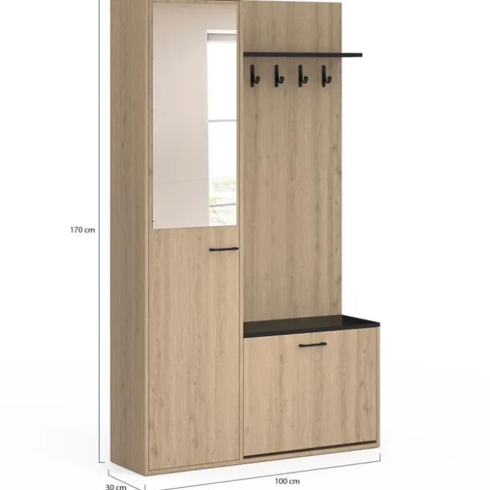 Meuble d’entrée vestiaire effet bois et noir avec banc rangement à chaussures, miroir 1 porte et étagères
