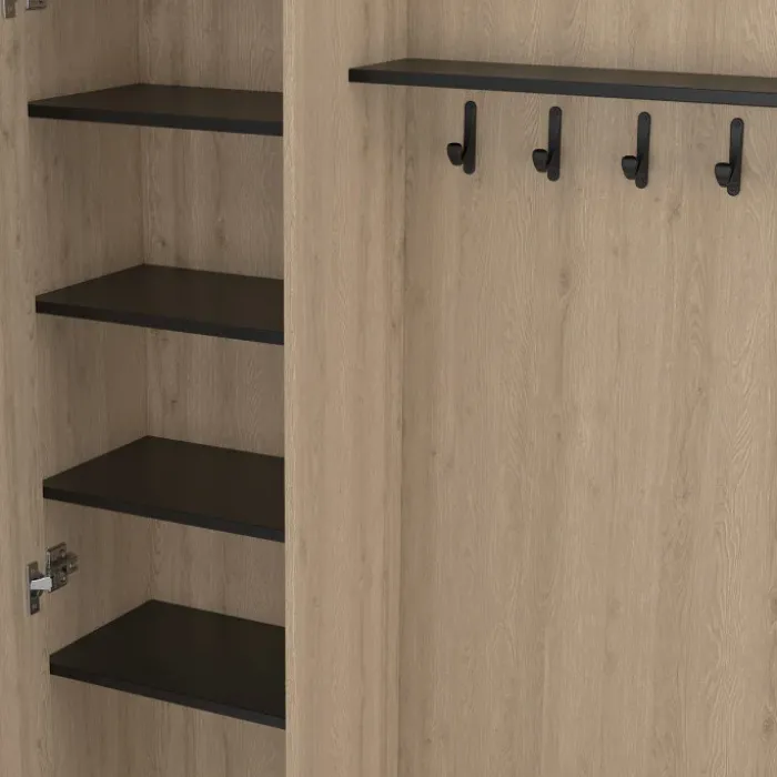 Meuble d’entrée vestiaire effet bois et noir avec banc rangement à chaussures, miroir 1 porte et étagères